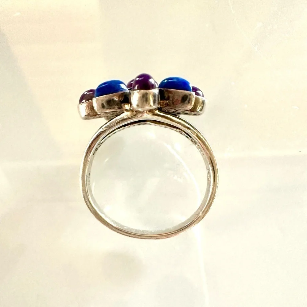 Native American Style 925 Sterling Silver Lapis & Purple Turquoise Cluster Ring